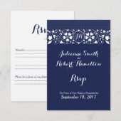 Navy Blue Lace Monogram Wedding RSVP Kaartje (Voorkant / Achterkant)