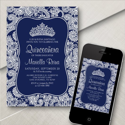 Navy Blue Lace Quinceañera Kaart