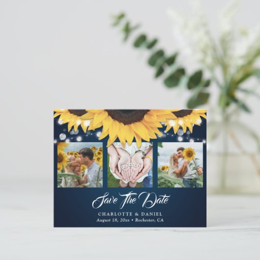 Navy Blue Lace Sunflower 3 Foto Save the Date (Staand voorkant)