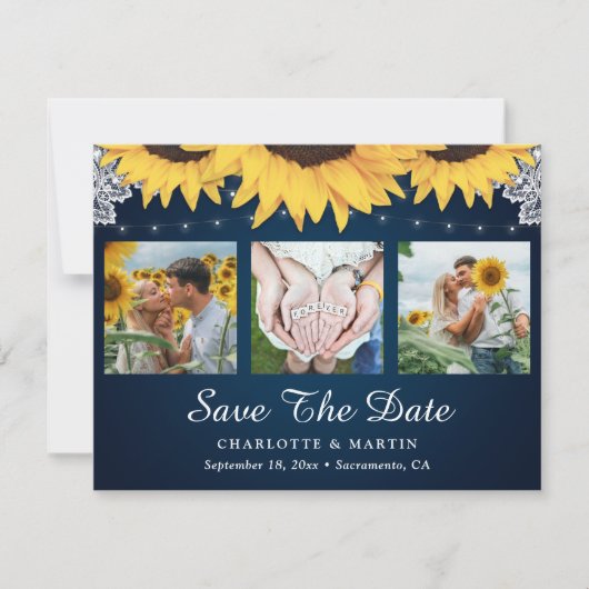 Navy Blue Lace Sunflower 3 Foto Save the Date (Voorkant)