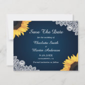 Navy Blue Lace Sunflower 3 Foto Save the Date (Achterkant)