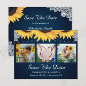 Navy Blue Lace Sunflower 3 Foto Save the Date (Voorkant / Achterkant)