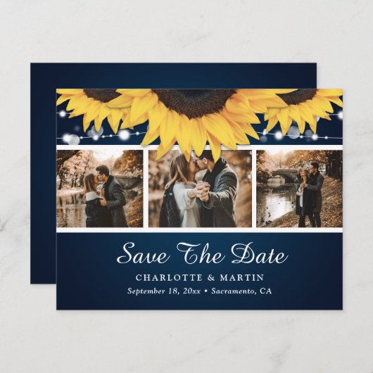 Navy Blue Lace Sunflower Foto redt datumkaarten Save The Date (Voorkant / Achterkant)