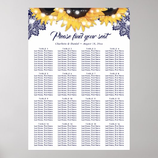Navy Blue Lace Sunflower Wedding Seating Chart 16 Poster (Voorkant)