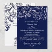 Navy Blue Lace Uitnodiging -  Glam (Voorkant / Achterkant)