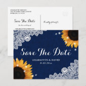 Navy Blue Lace Zonnebloem Huwelijk Save The Date Aankondigingskaart (Voorkant / Achterkant)