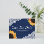 Navy Blue Lace Zonnebloem Huwelijk Save The Date Aankondigingskaart (Staand voorkant)