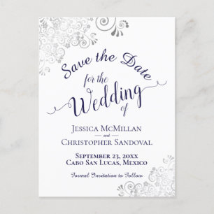 Navy Blue Lacy Zilveren Bruiloft Save the Date Wit Aankondigingskaart