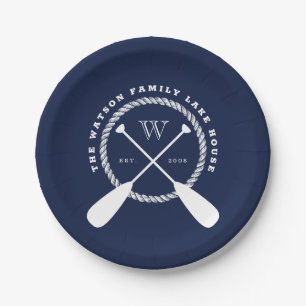 Navy Blue Lake House Monogram Crossed Paddles Papieren Bordje