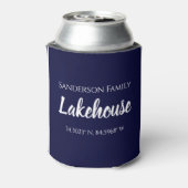 Navy Blue Lakehouse Familienaam Map Coordinates Blikjeskoeler (Blikje Achterkant)