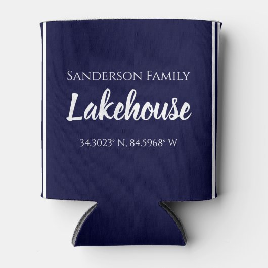 Navy Blue Lakehouse Familienaam Map Corinates Blikjeskoeler (Voorkant)