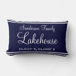 Navy Blue Lakehouse Familienaam Map Corinates Lum Kussen
