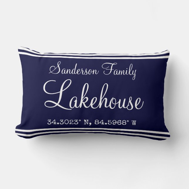 Navy Blue Lakehouse Familienaam Map Corinates Lum Kussen (Voorkant)