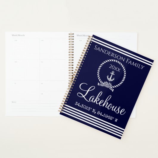 Navy Blue Lakehouse Familienaam Map Corinates Planner (Display)