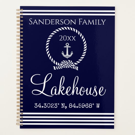 Navy Blue Lakehouse Familienaam Map Corinates Planner (Voorkant)