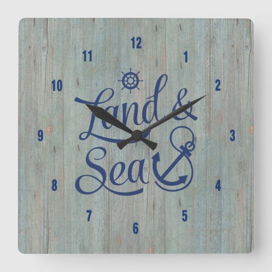 Navy Blue Land & Zee Nautical Anchor Text Design Vierkante Klok (Voorkant)