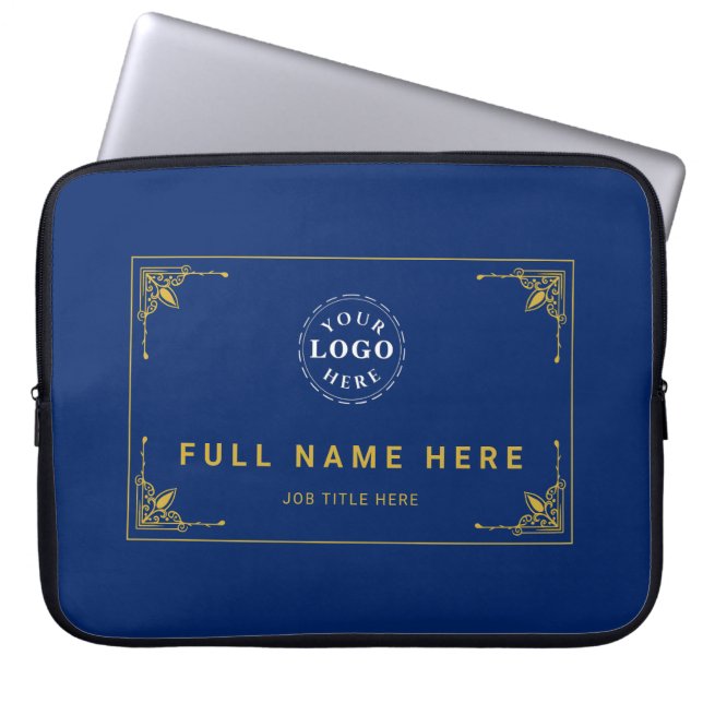 Navy Blue Laptop Bag with Name and Job Title Sleeve (Voorkant)