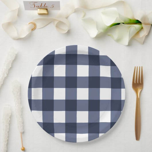 Navy Blue Large Classic Gingham Check Pset Papieren Bordje (Huwelijk)