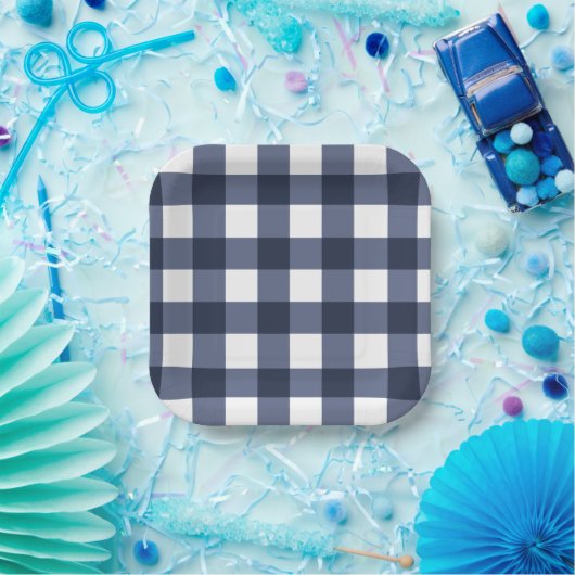 Navy Blue Large Classic Gingham Check Pset Papieren Bordje (Feest)