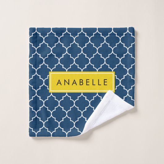 Navy Blue Latticework, Quatrefoil, Jouw naam Bad Handdoek (Wasdoekje)