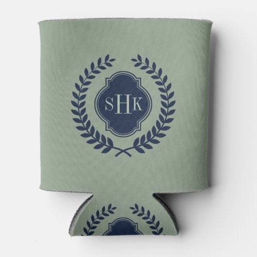 Navy-Blue Laurel krans kuif op Sage Green Blikjeskoeler (Voorkant)