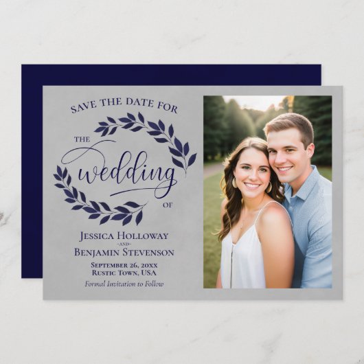 Navy Blue Laurel Leaves Rustic Gray Weddenfoto Save The Date (Voorkant / Achterkant)