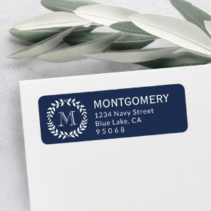 Navy Blue Laurel Wreater Monogram Return Address Etiket