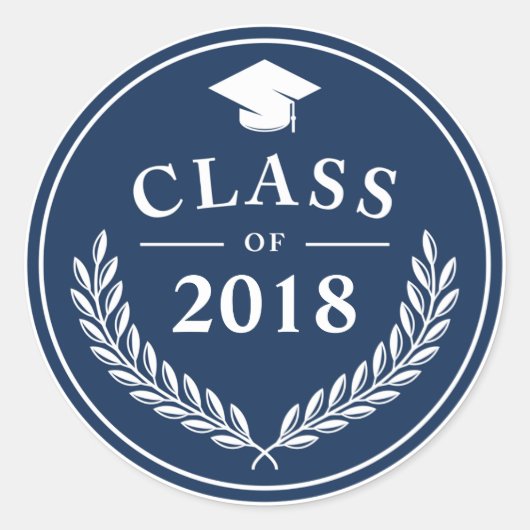 Navy Blue Laurel Wreath Class of 2018 Afstuderen Ronde Sticker (Voorkant)