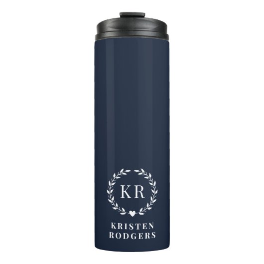 Navy Blue Laurel Wreath Crest Monogram Thermosbeker (Voorkant)