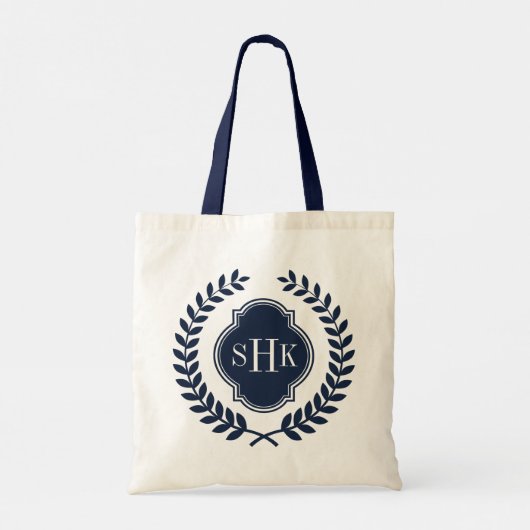 Navy-Blue Laurel Wreath Crest Wit Monogram Tote Bag (Achterkant)