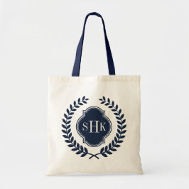 Navy-Blue Laurel Wreath Crest Wit Monogram Tote Bag