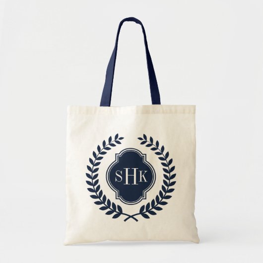 Navy-Blue Laurel Wreath Crest Wit Monogram Tote Bag (Voorkant)