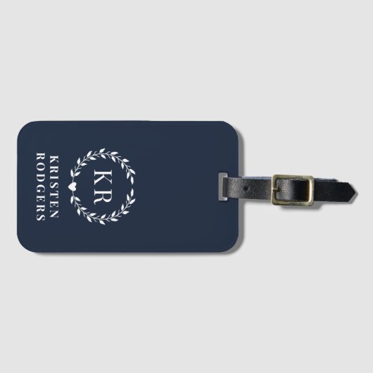 Navy Blue Laurel Wreath Monogram Initiaal Letter Bagagelabel (Voorkant (horizontaal))