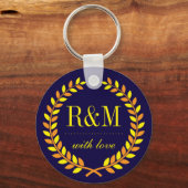 Navy Blue Laurel Wreath Monogram Wedding Sleutelha Sleutelhanger (Voorkant)