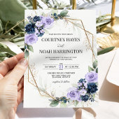 Navy Blue Lavender Purple Gold Geometric Wedding Kaart