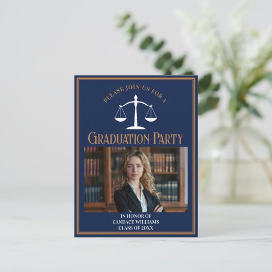 Navy Blue Law School Afstudeerfeest uitnodiging (Staand voorkant)
