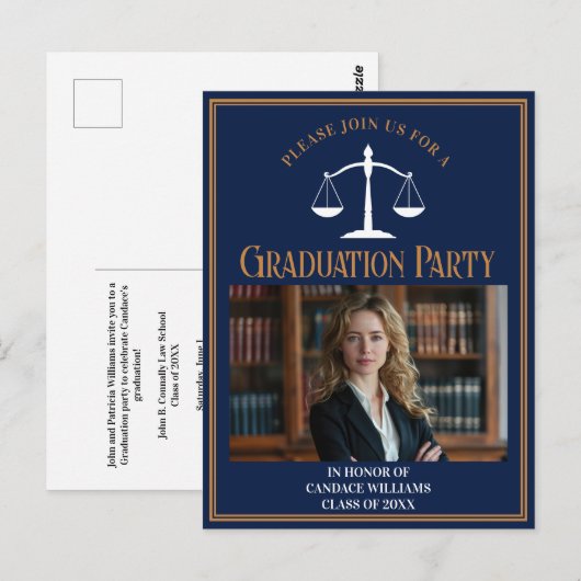 Navy Blue Law School Afstudeerfeest uitnodiging (Voorkant / Achterkant)