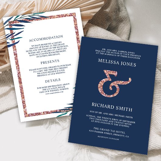 Navy Blue Leaf Branch Roos Gold Ampersand Wedding Kaart