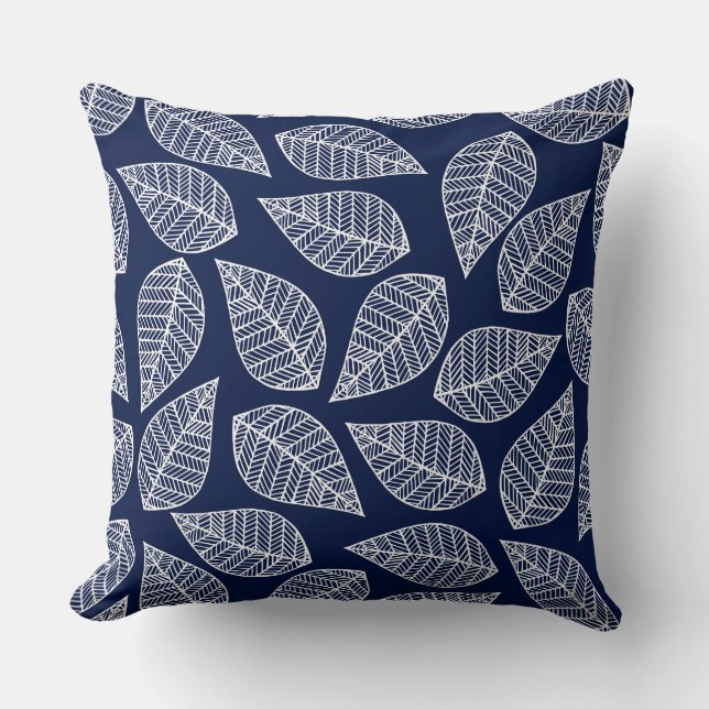 Navy Blue Leaf/Geometric Reversible Pillow Elegant Kussen (Voorkant)