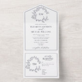 Navy Blue Leafy Crest Monogram Weddenschap All In One Uitnodiging (Binnen)