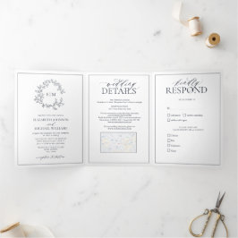 Navy Blue Leafy Crest Monogram Weddenschap Drieluik Uitnodiging