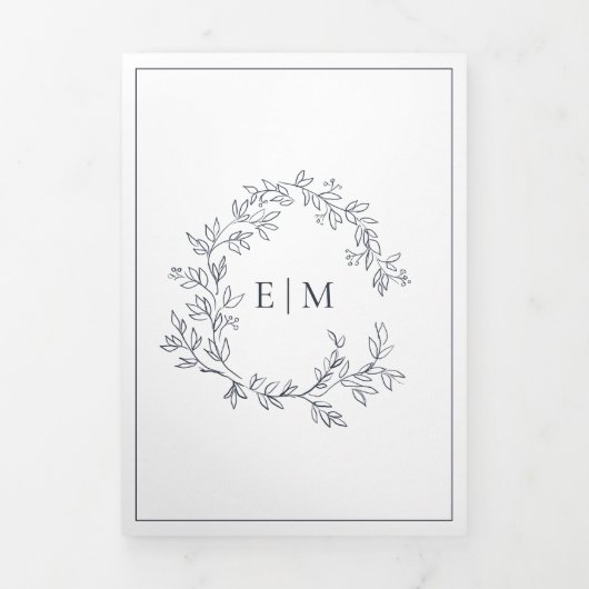 Navy Blue Leafy Crest Monogram Weddenschap Drieluik Uitnodiging (Cover)