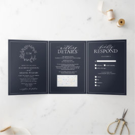 Navy Blue Leafy Crest Monogram Weddenschap Drieluik Uitnodiging