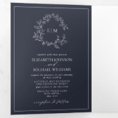 Navy Blue Leafy Crest Monogram Weddenschap Drieluik Uitnodiging (Binnenzijde eerst)
