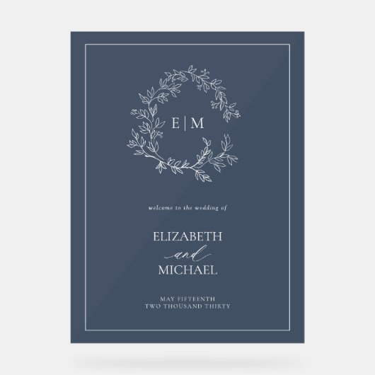 Navy Blue Leafy Crest Monogram Welkomstbruiloft Acryl Bord (Voorkant)