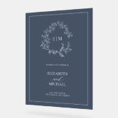 Navy Blue Leafy Crest Monogram Welkomstbruiloft Acryl Bord (Hoek)