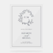 Navy Blue Leafy Crest Monogram Welkomstbruiloft Acryl Bord (Voorkant)