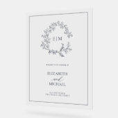 Navy Blue Leafy Crest Monogram Welkomstbruiloft Acryl Bord (Hoek)