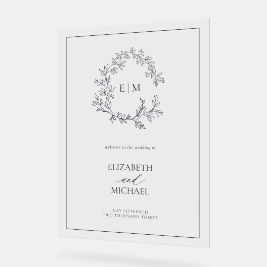 Navy Blue Leafy Crest Monogram Welkomstbruiloft Acryl Bord (Hoek)