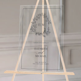 Navy Blue Leafy Crest Monogram Welkomstbruiloft Acryl Bord